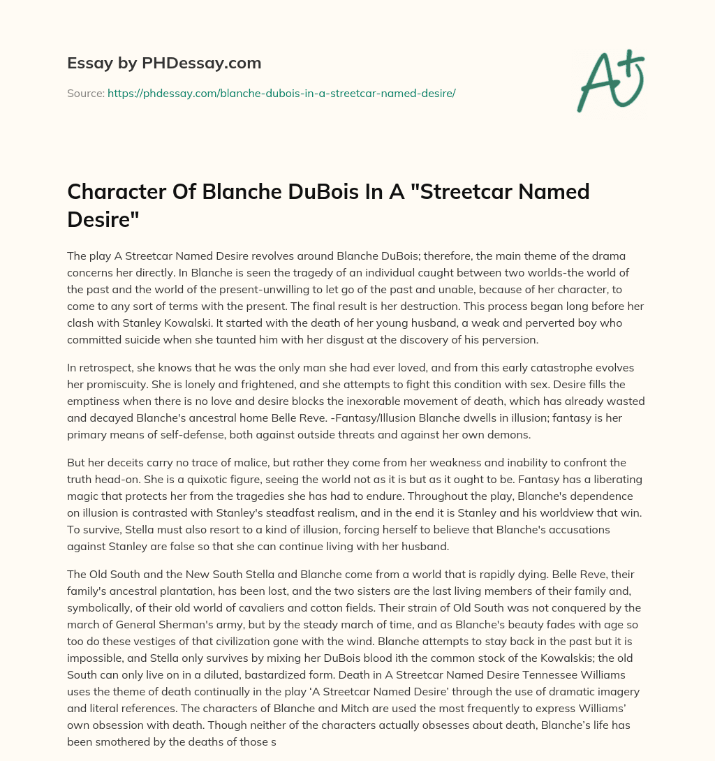 Character Of Blanche DuBois In A “Streetcar Named Desire” essay
