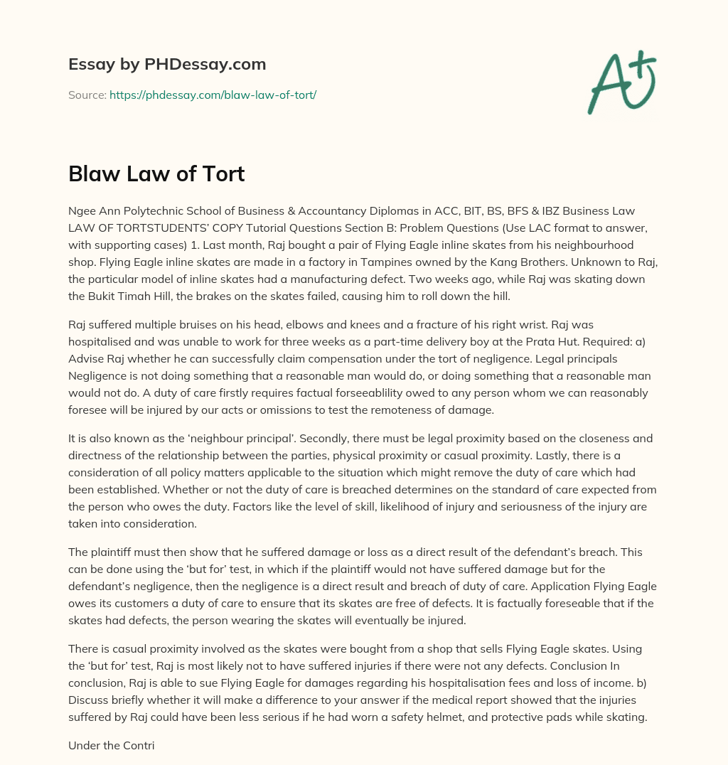 Blaw Law of Tort essay