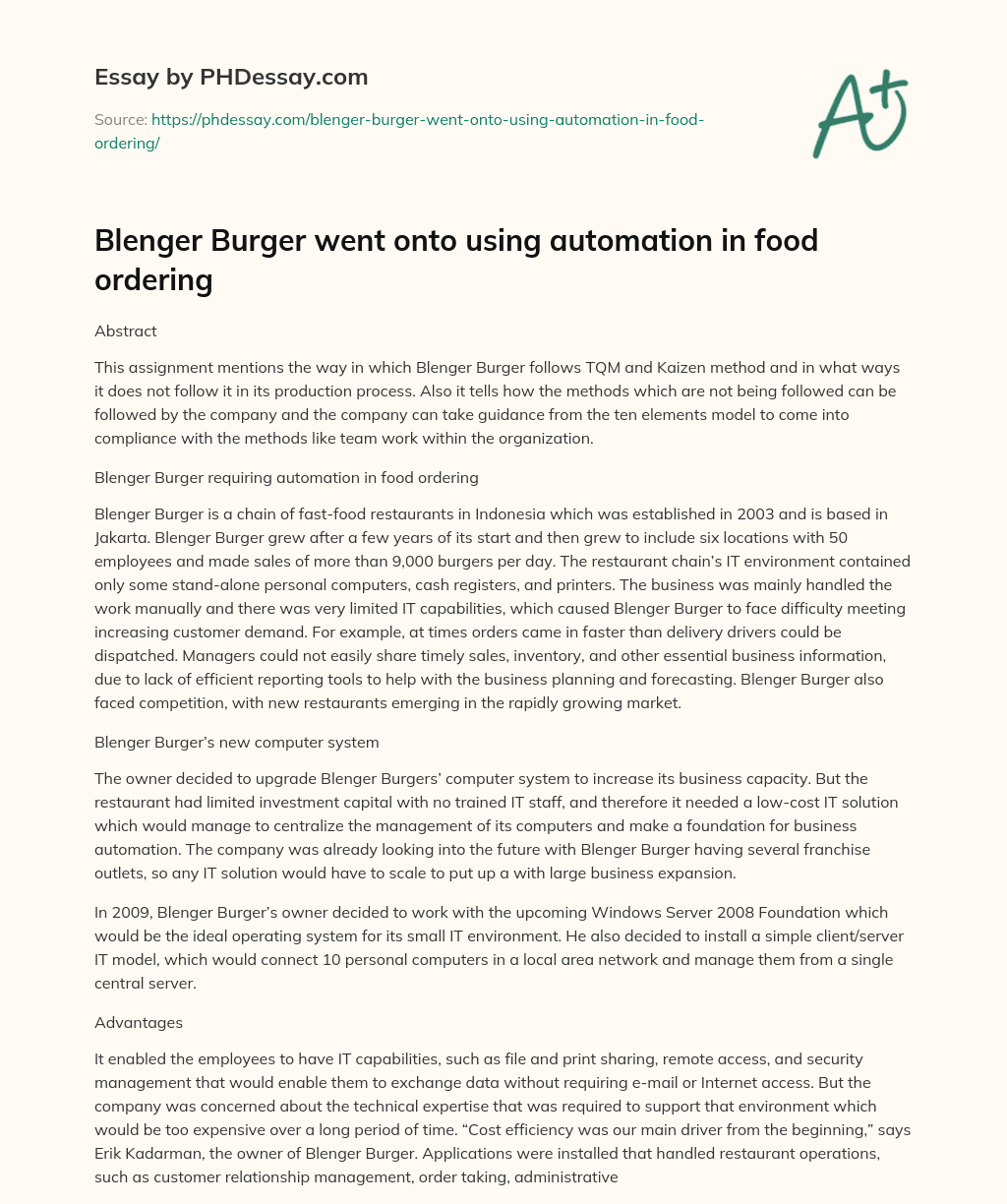 Blenger Burger went onto using automation in food ordering essay