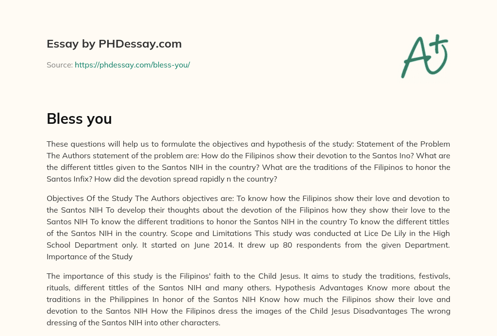 Exploring Filipino Devotion to Santos Ino: Objectives, Scope, and Importance of Study essay