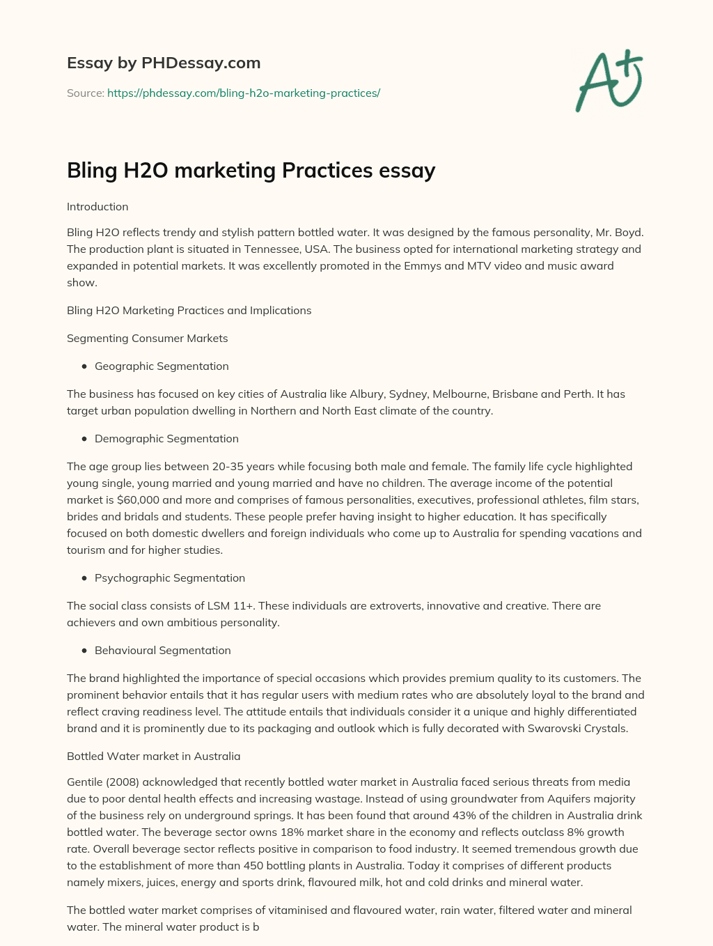 Bling H2O marketing Practices essay essay