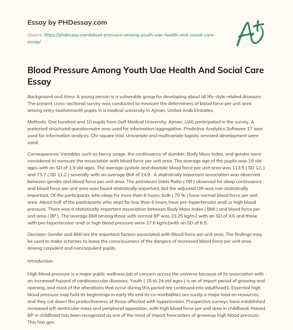 Blood Pressure Among Youth Uae Health And Social Care Essay essay