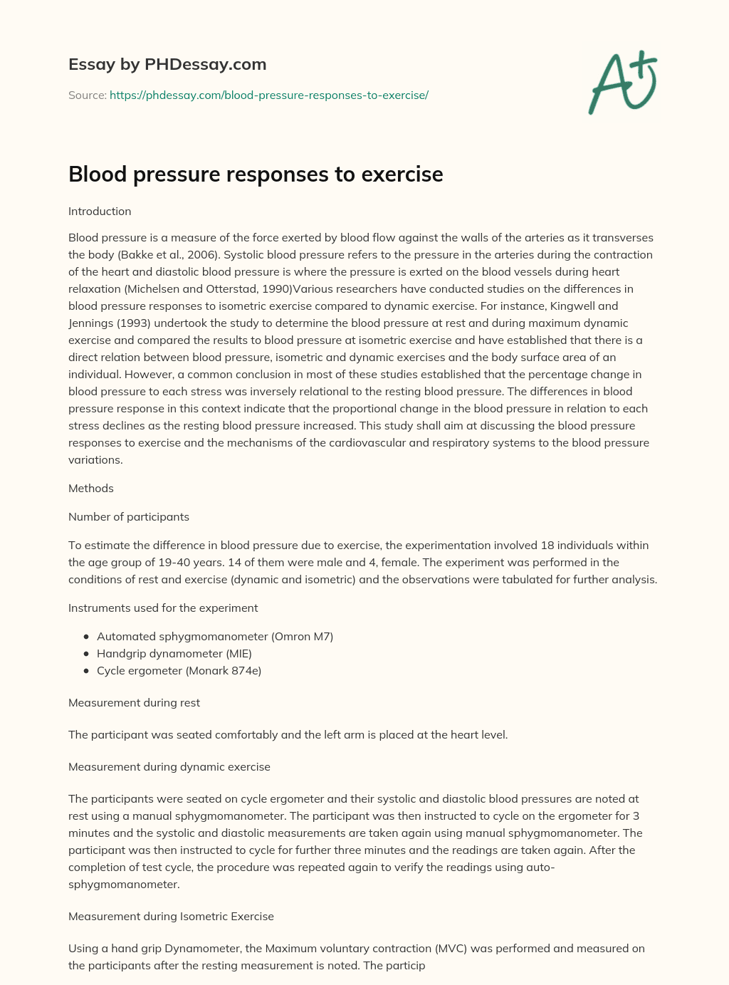 Blood pressure responses to exercise essay