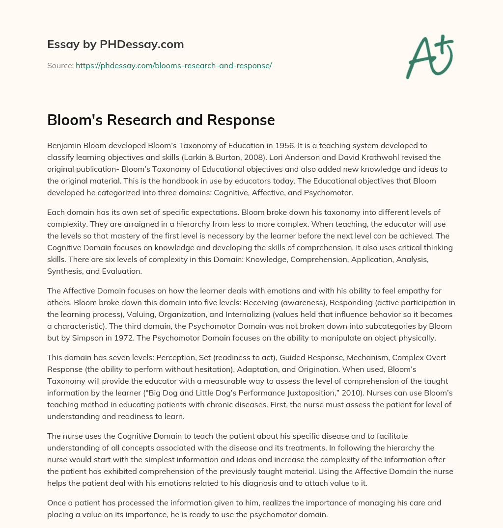 Bloom’s Research and Response essay