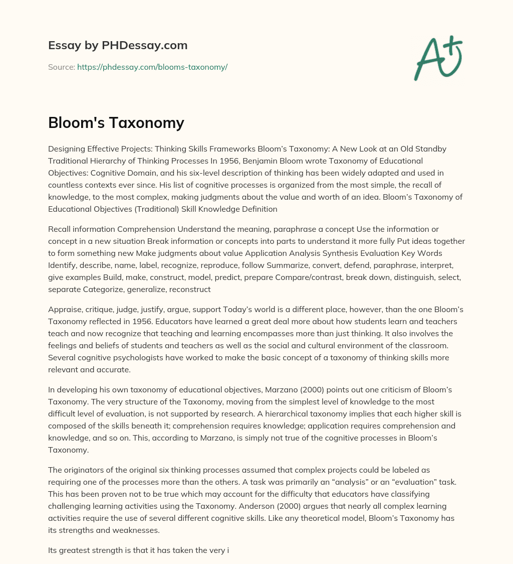 Bloom’s Taxonomy essay