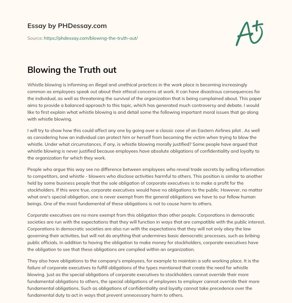 Balanced Approach to Whistle Blowing: Exploring Moral Issues and Justifications essay