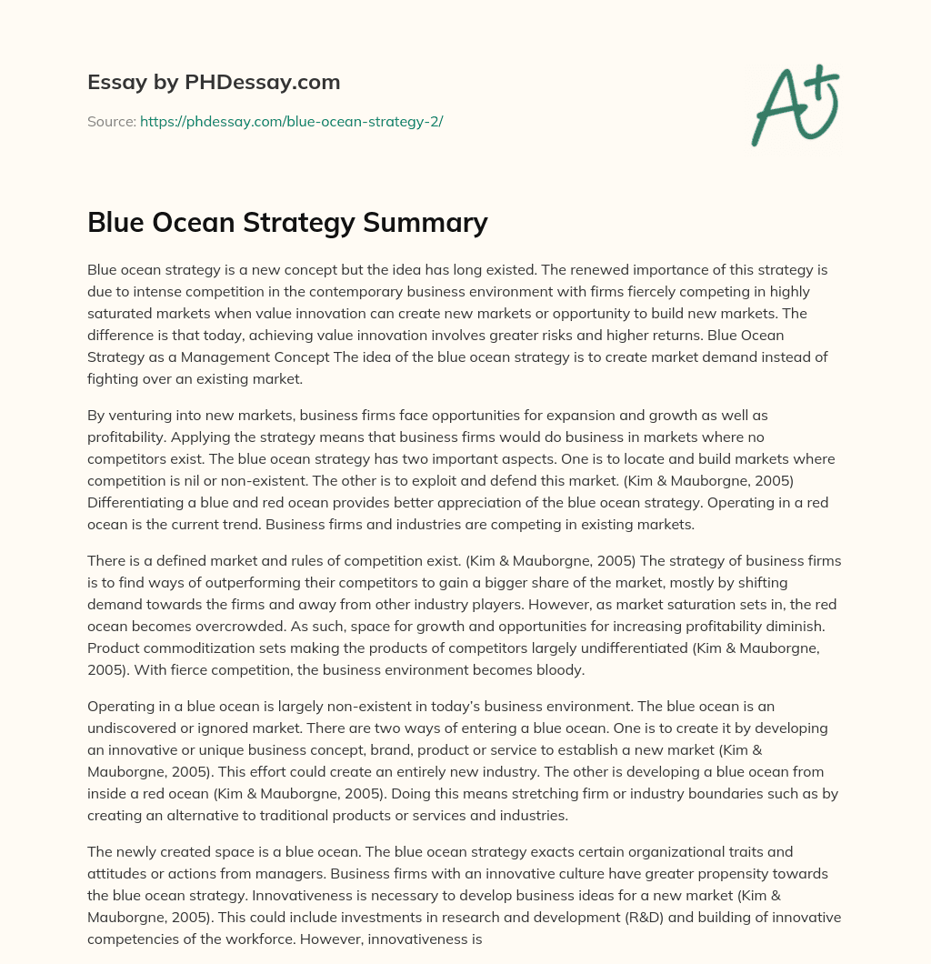 Blue Ocean Strategy Summary essay