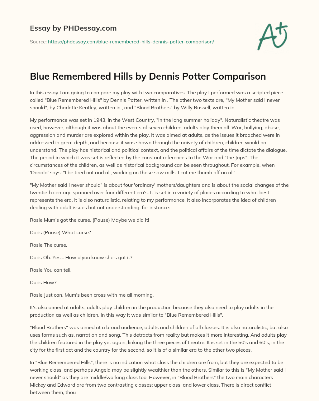 Blue Remembered Hills by Dennis Potter Comparison essay