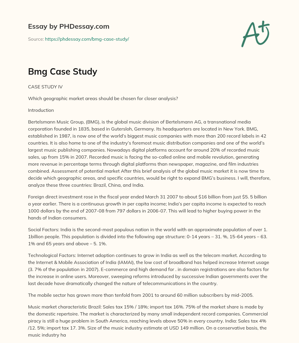 Analyzing Potential Geographic Markets for BMG: Brazil, China, and India essay