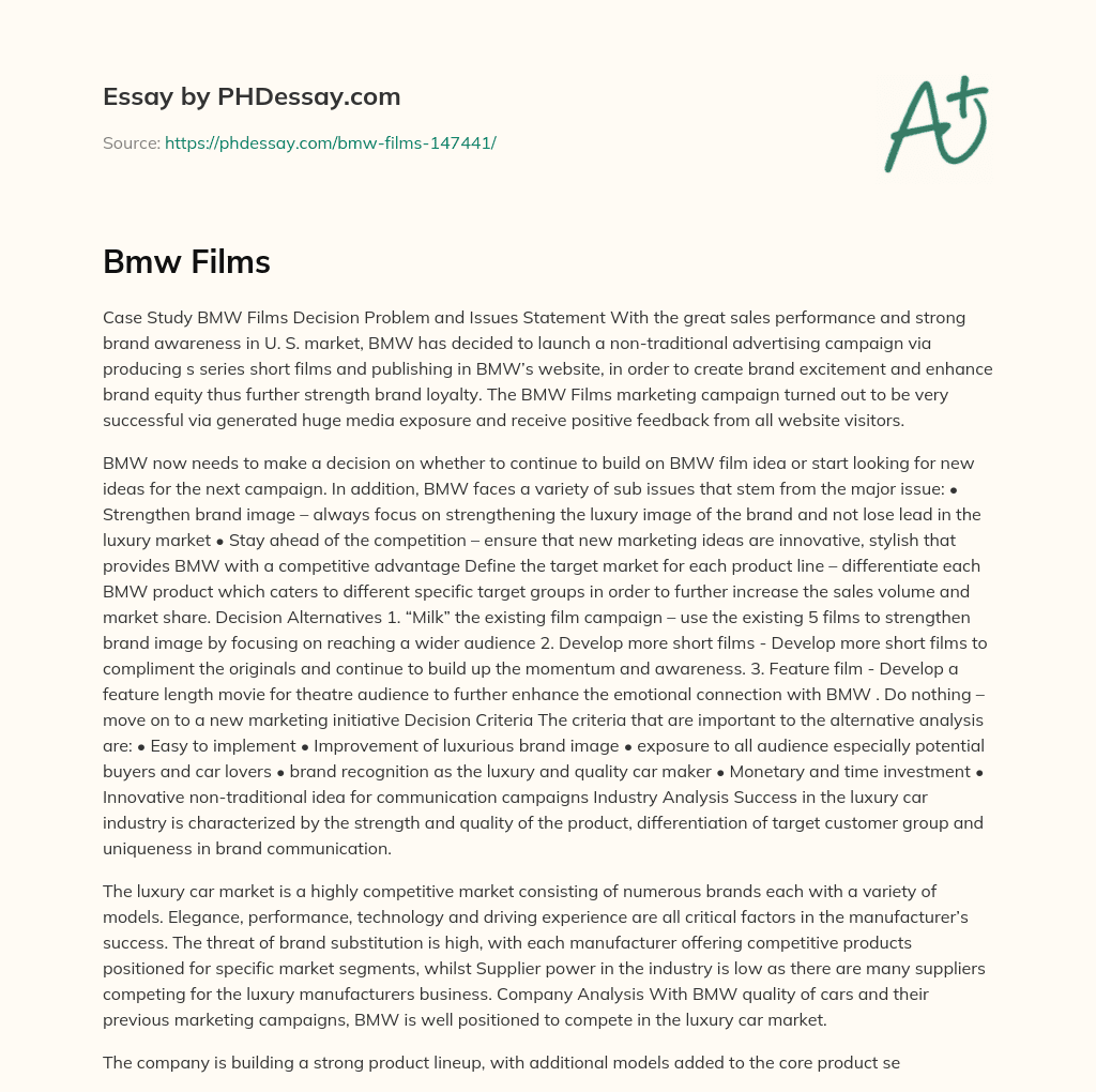 BMW Films Campaign Success and Decision Making for Future Marketing Strategies essay