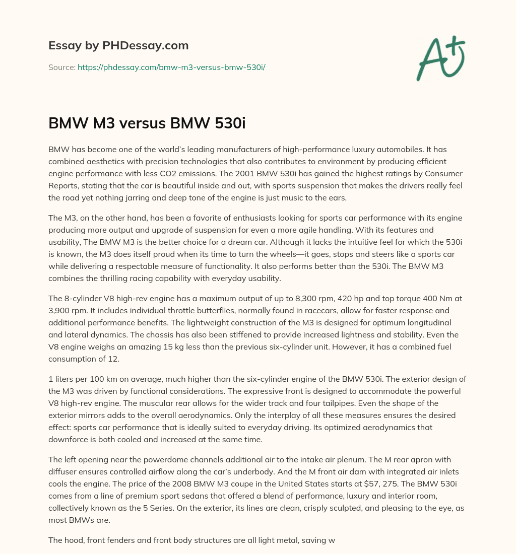 BMW M3 versus BMW 530i essay