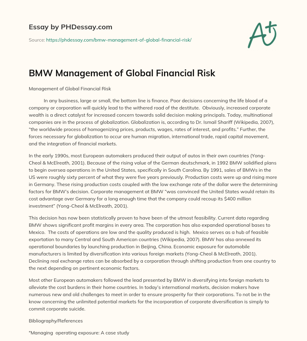 BMW Management of Global Financial Risk essay