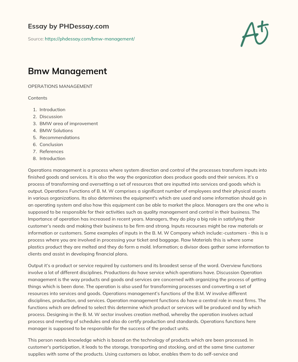 Bmw Management essay