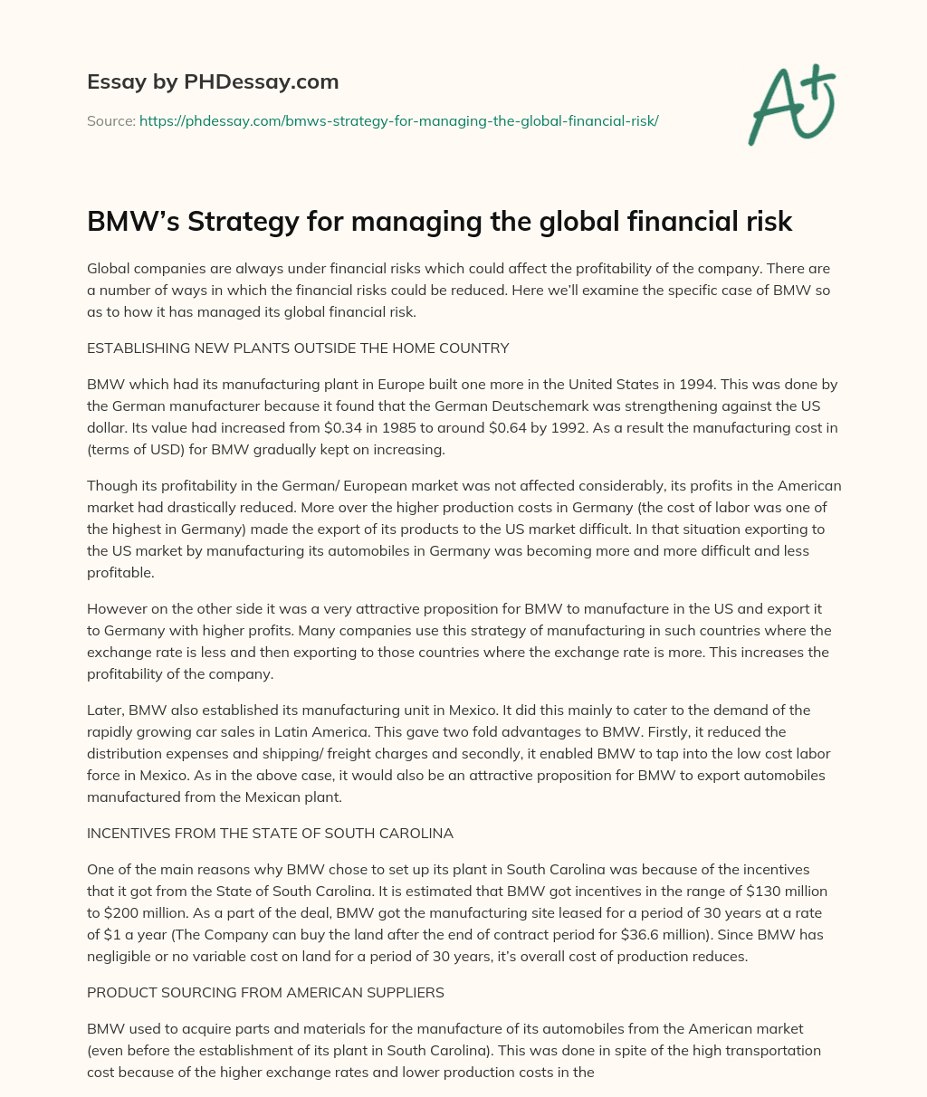 BMW’s Strategy for managing the global financial risk essay