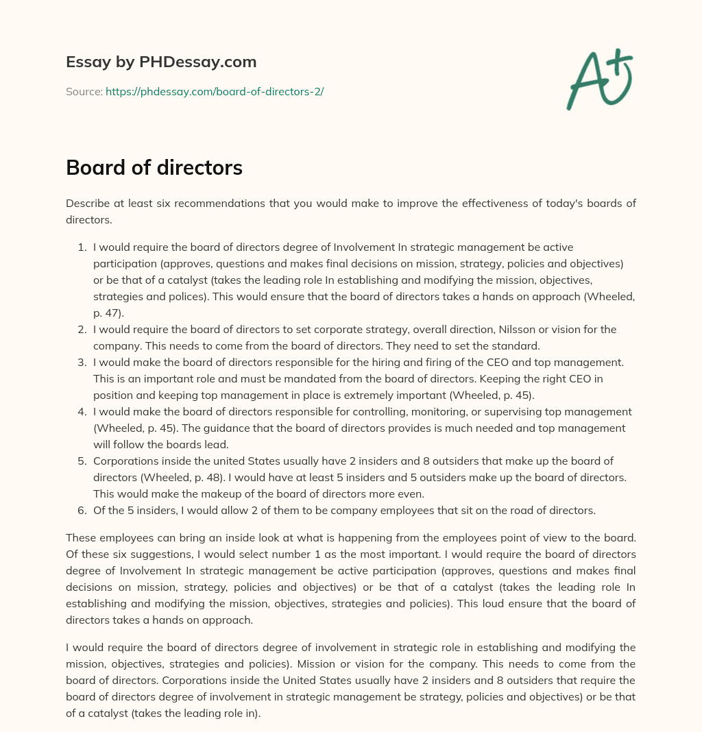 Recommendations for Improving Board of Directors Effectiveness: Active Involvement in Strategic Management and Mission/Vision Creation essay