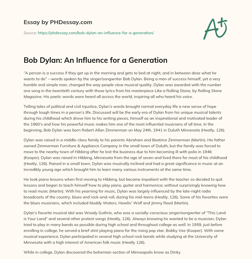Bob Dylan: An Influence for a Generation essay