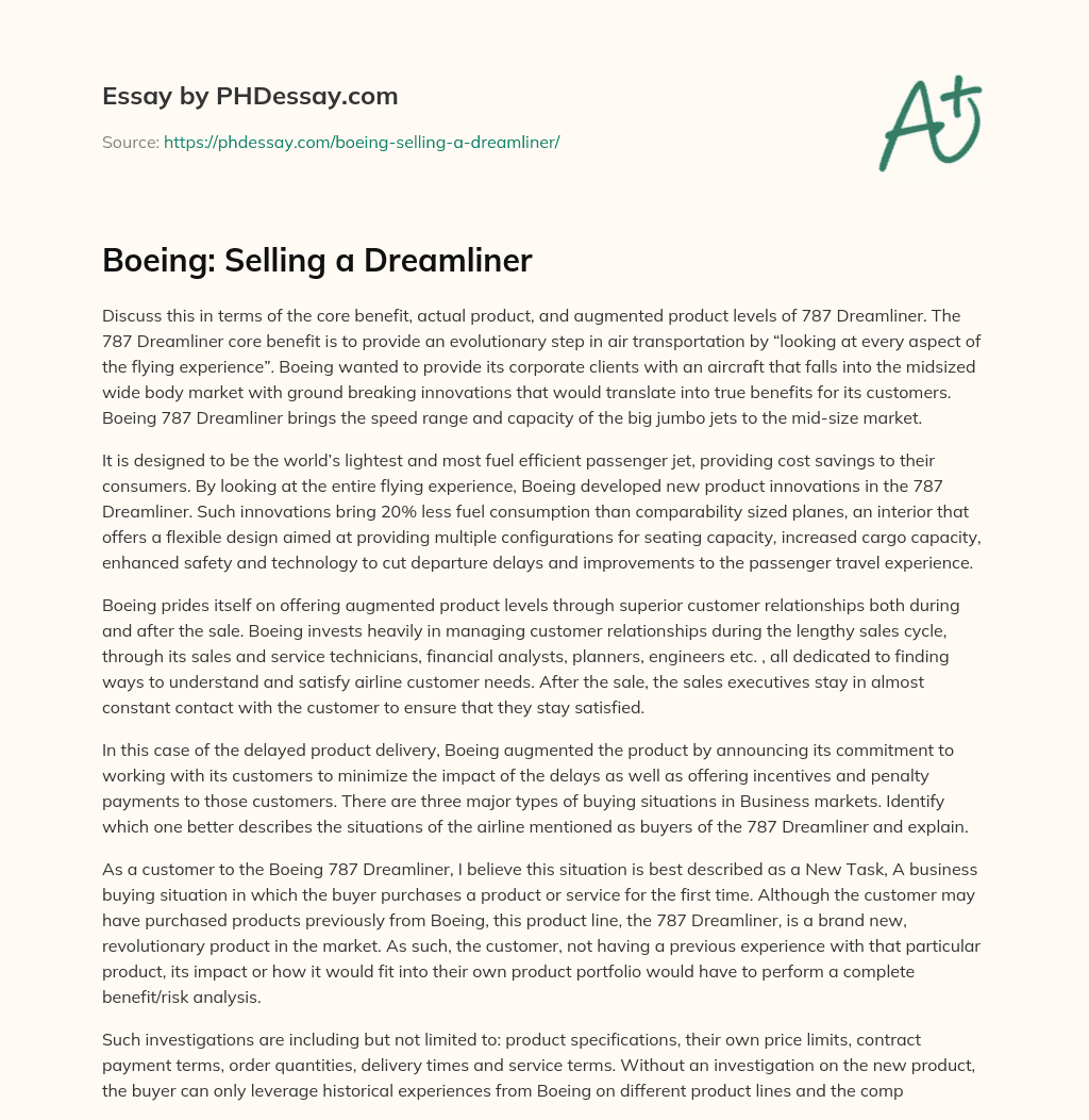 Boeing: Selling a Dreamliner essay