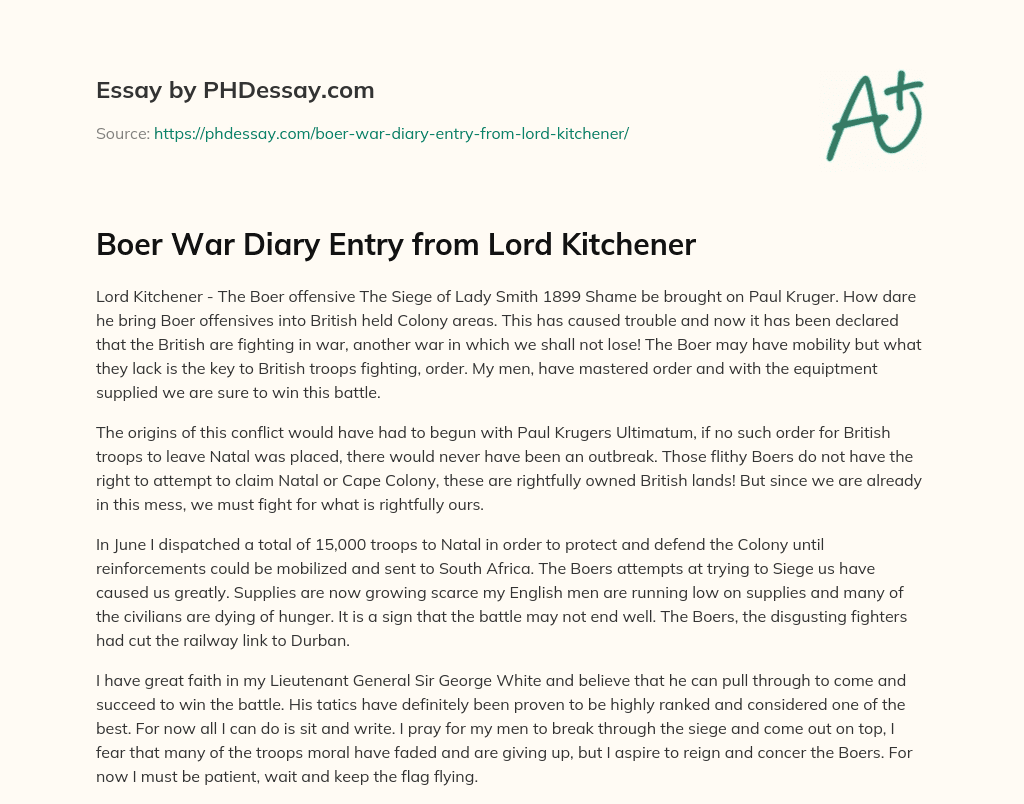 Boer War Diary Entry from Lord Kitchener essay