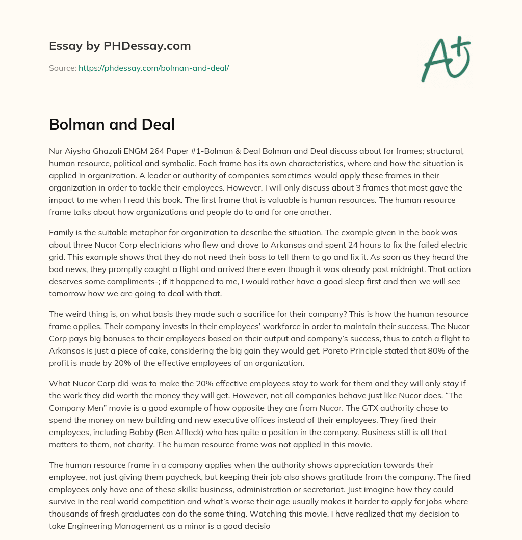 Bolman and Deal essay