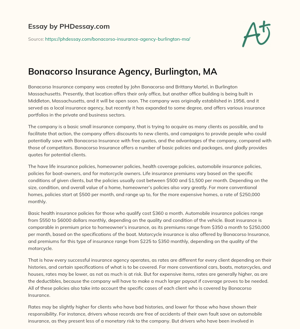 Bonacorso Insurance Agency, Burlington, MA essay