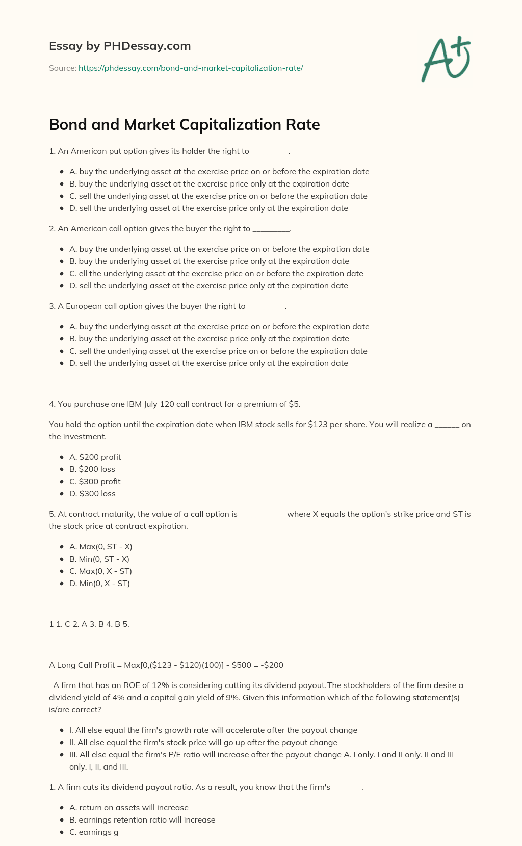 Bond and Market Capitalization Rate essay