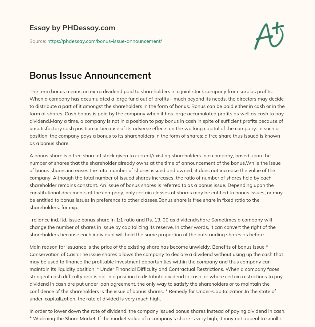 Bonus Issue Announcement essay
