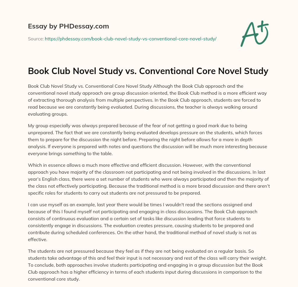 Book Club Novel Study vs. Conventional Core Novel Study essay