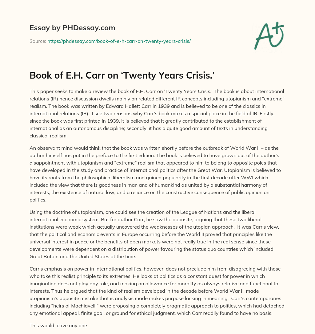Book of E.H. Carr on ‘Twenty Years Crisis.’ essay