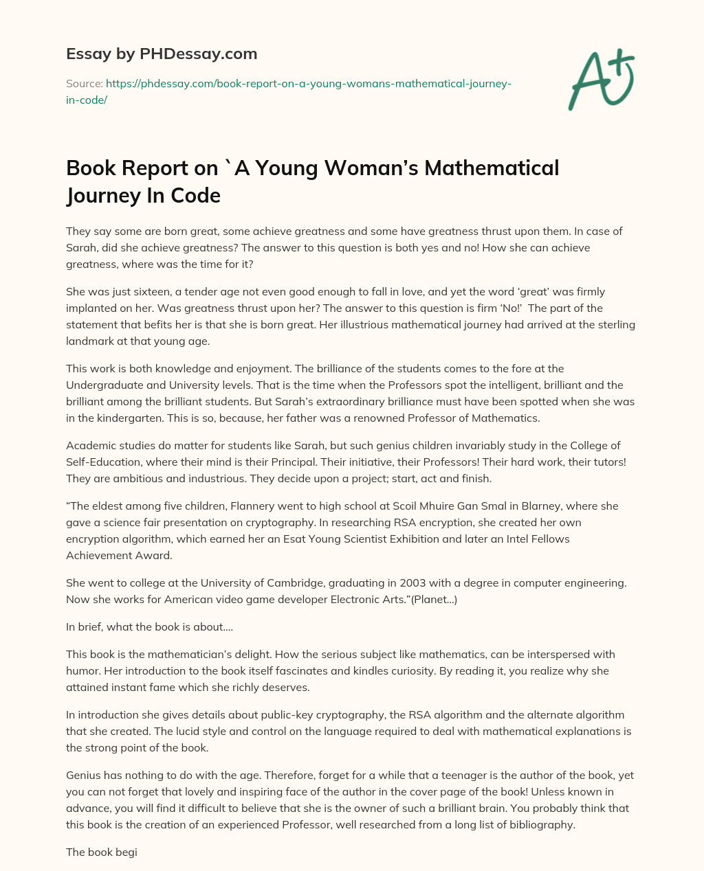 Book Report on `A Young Woman’s Mathematical Journey In Code essay