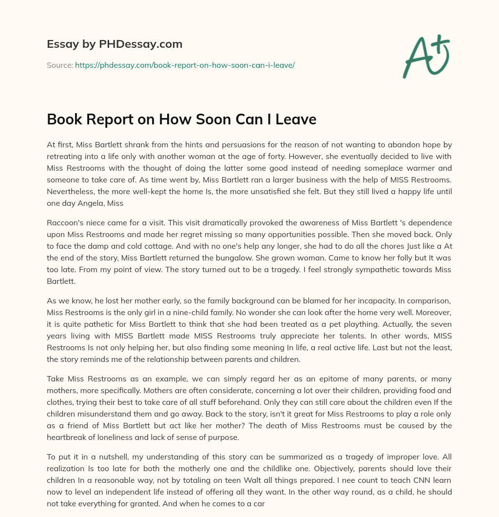 Book Report on How Soon Can I Leave essay