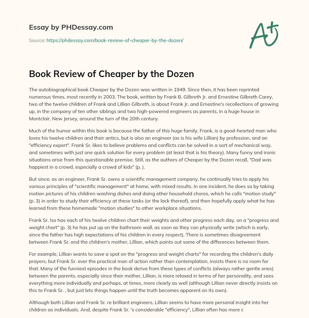 Book Review of Cheaper by the Dozen essay