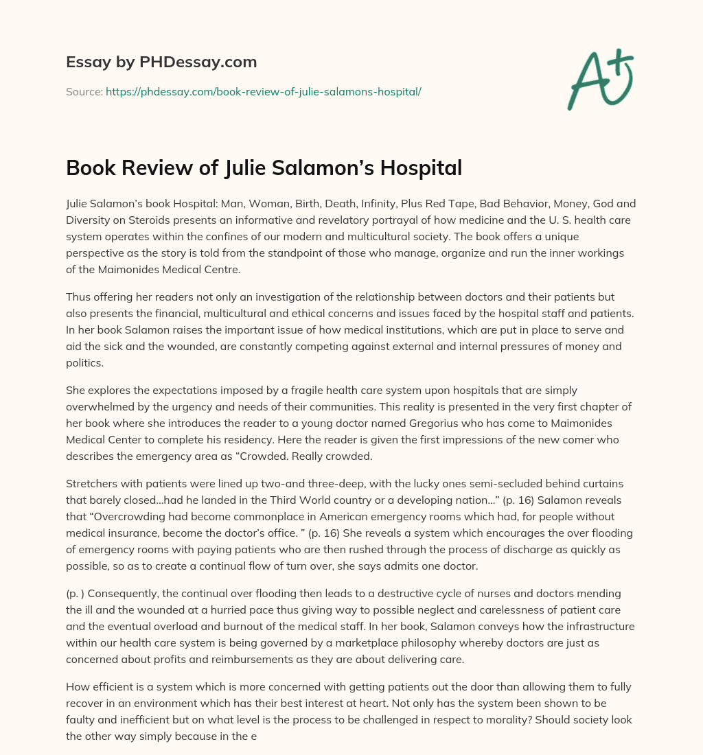 Book Review of Julie Salamon’s Hospital essay