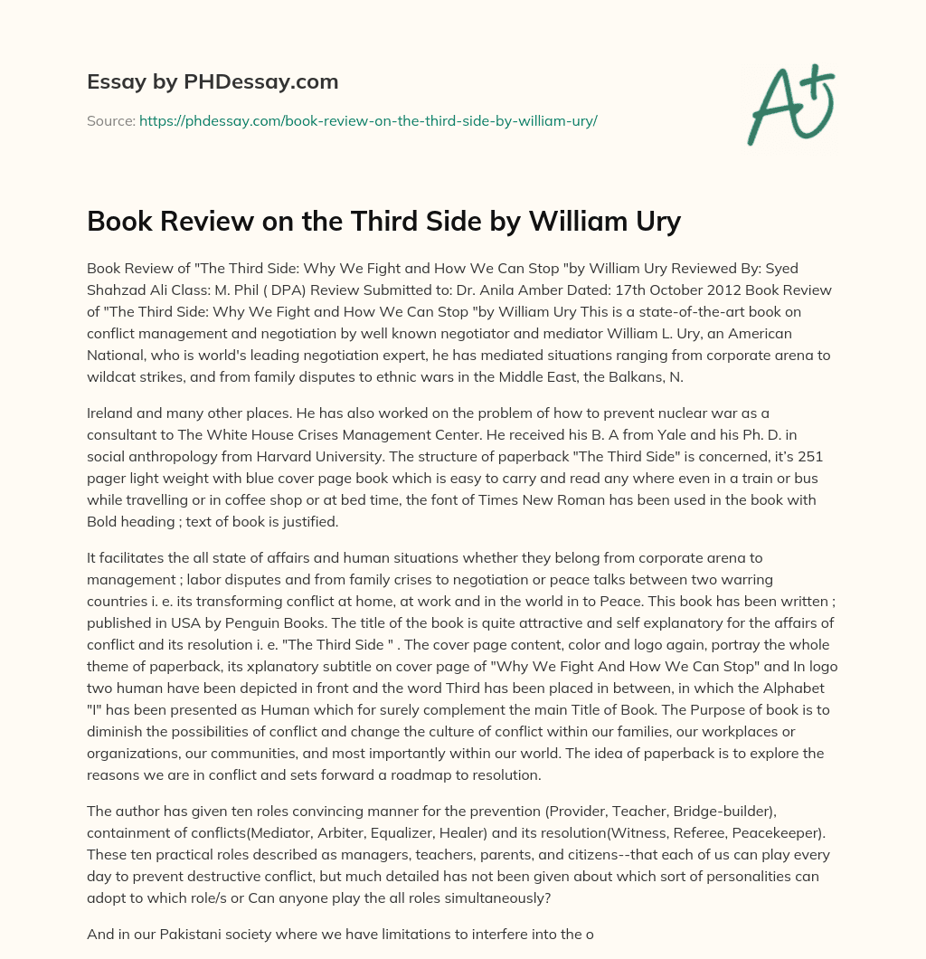 Book Review on the Third Side by William Ury essay