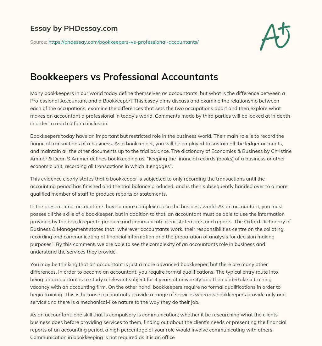 Bookkeepers vs Professional Accountants essay