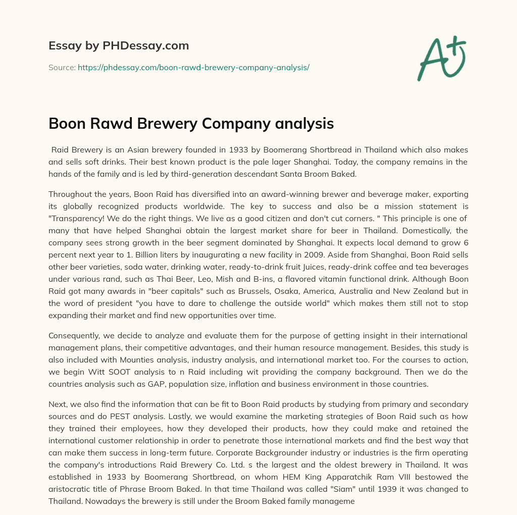 Boon Rawd Brewery Company analysis essay