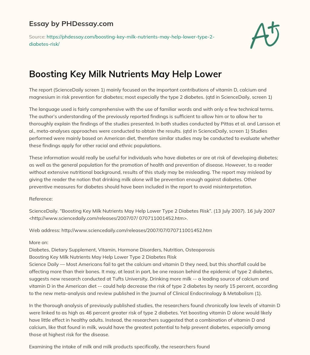 Boosting Key Milk Nutrients May Help Lower essay