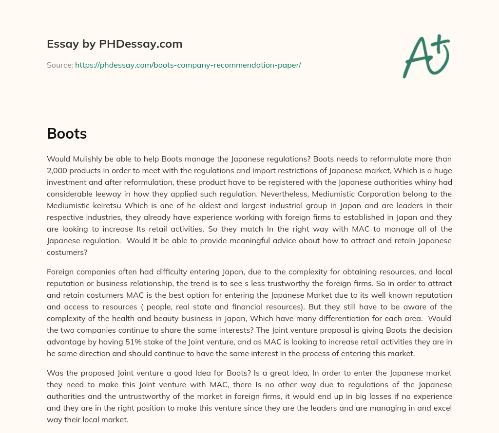 Can Mulishly Help Boots Navigate Japanese Regulations and Attract Customers? essay