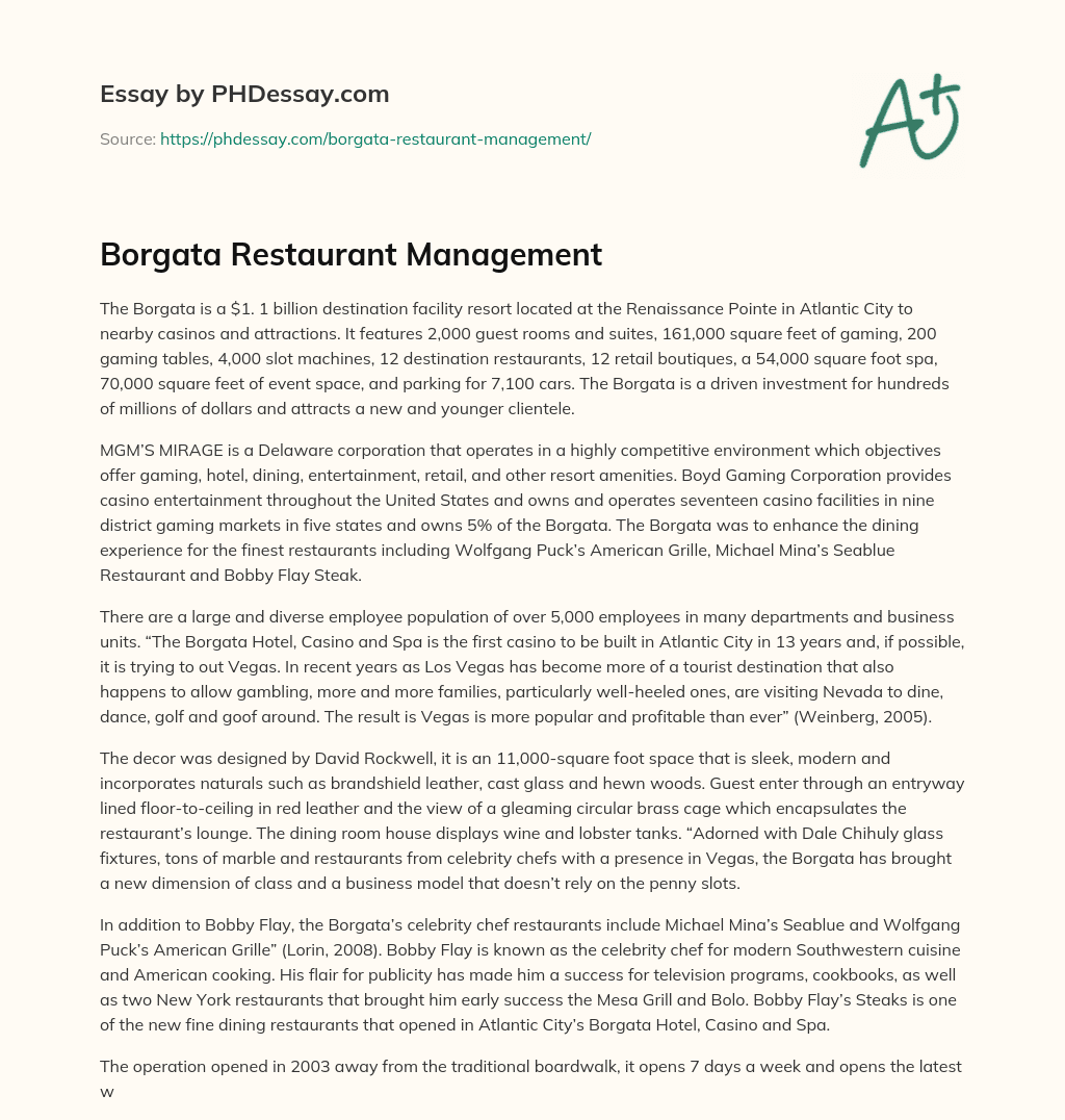 Borgata Restaurant Management essay