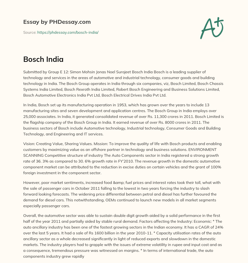 Bosch Group’s Presence and Operations in India essay