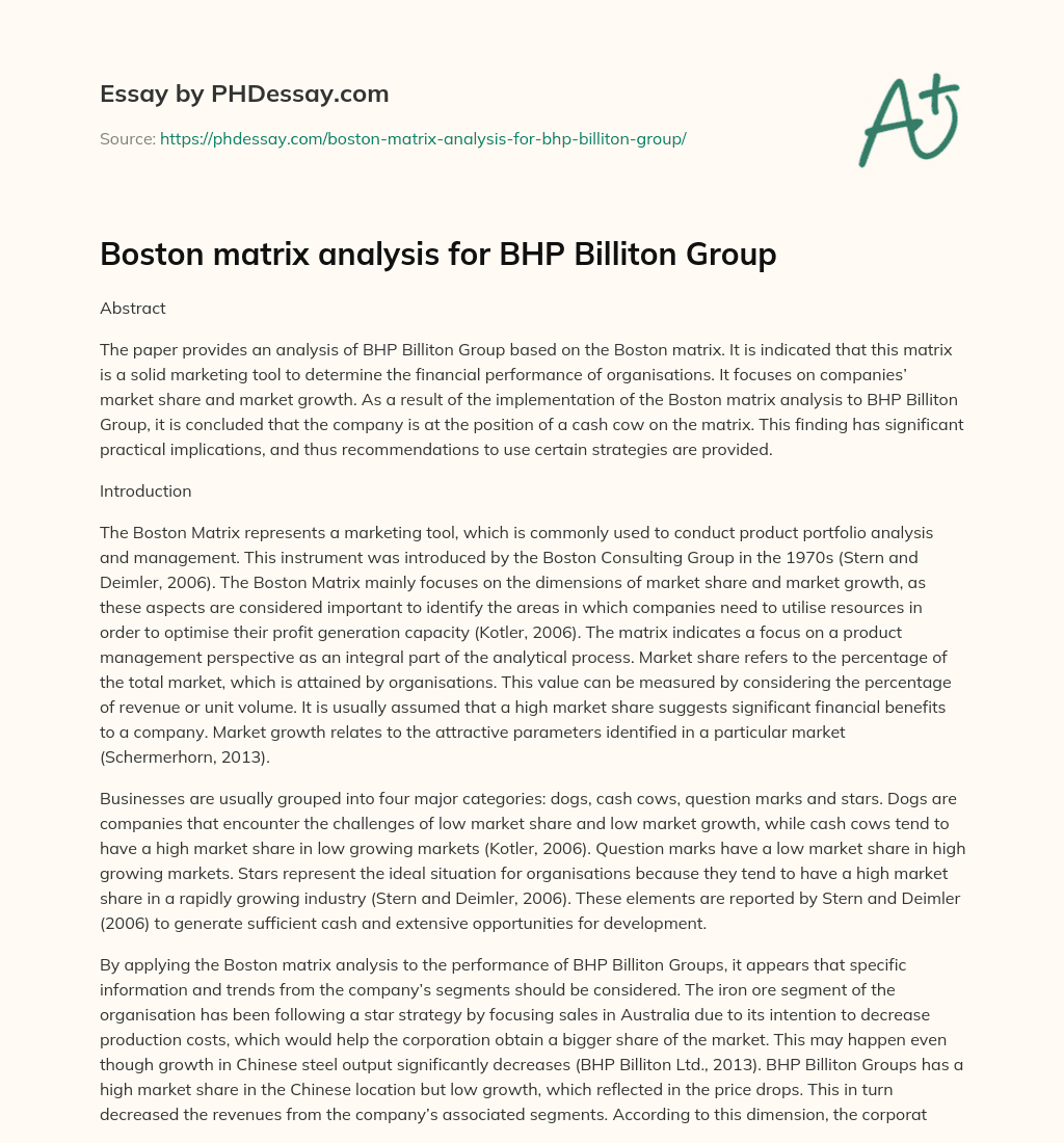 Boston matrix analysis for BHP Billiton Group essay