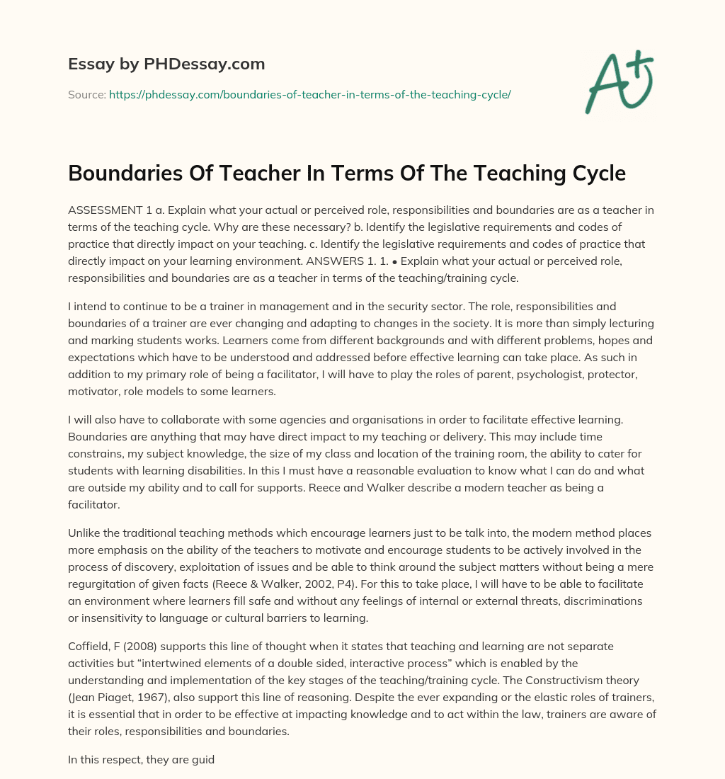 Boundaries Of Teacher In Terms Of The Teaching Cycle essay