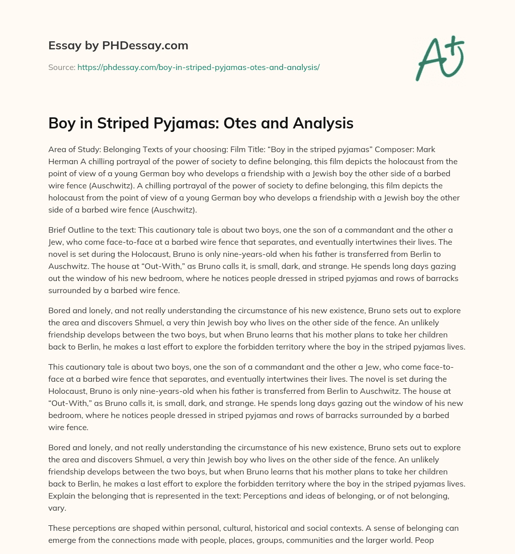 Boy in Striped Pyjamas: Otes and Analysis essay