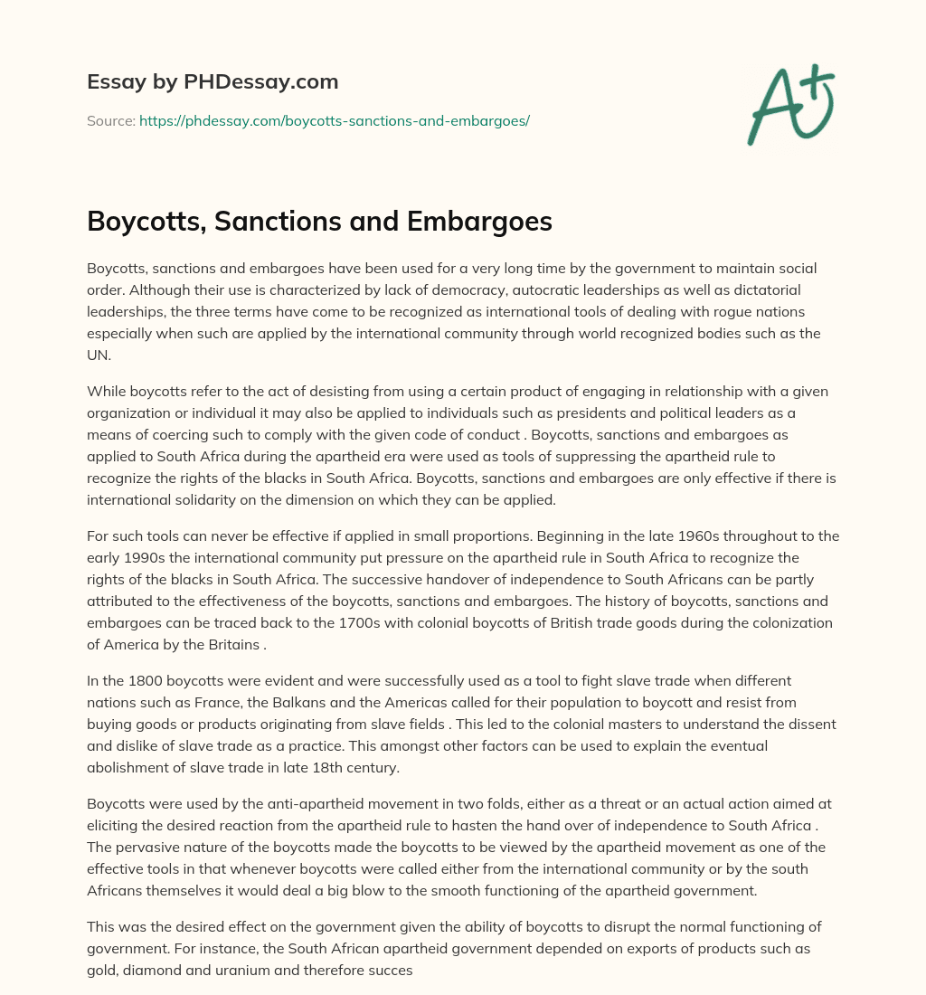 Boycotts, Sanctions and Embargoes essay