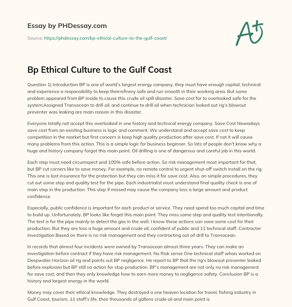 Bp Ethical Culture to the Gulf Coast essay