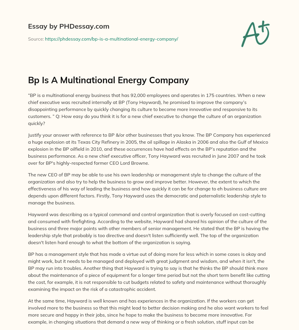 Organizational Culture on the Example of BP essay