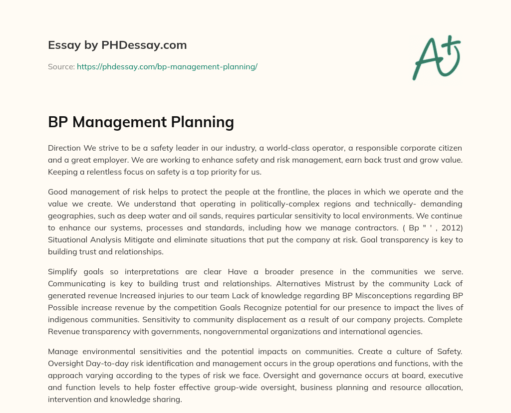BP Management Planning essay