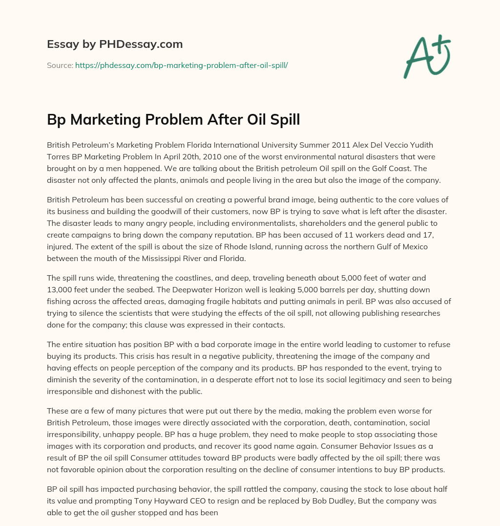Bp Marketing Problem After Oil Spill essay