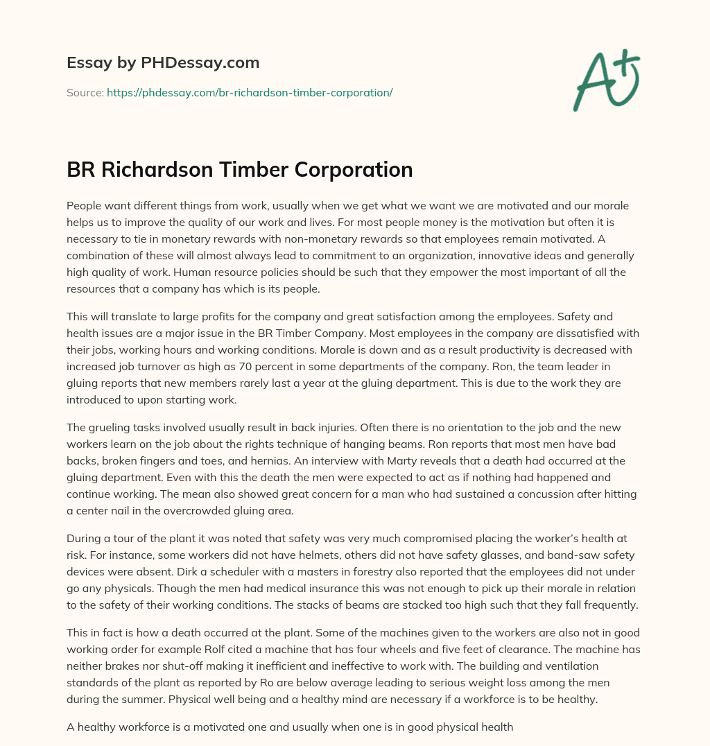 BR Richardson Timber Corporation essay