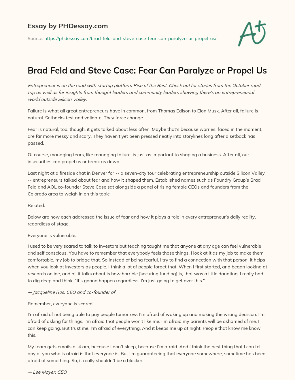 Brad Feld and Steve Case: Fear Can Paralyze or Propel Us essay