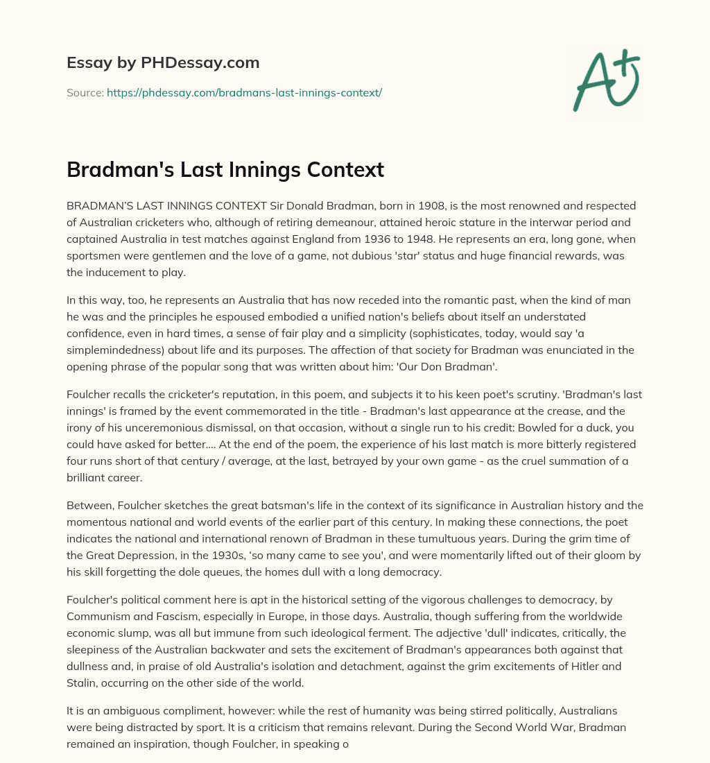 Bradman’s Last Innings Context essay